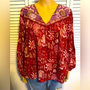 Pretty Rachel Zoe size S red floral embroidered peasant shirt blouse NWT